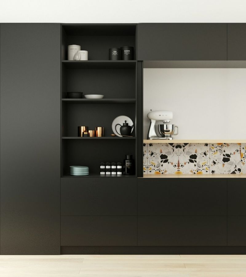 black wooden shelf with assorted items